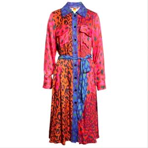Farm Rio Leopard Mix Print Long Sleeve Shirtdress